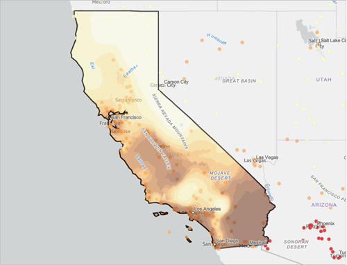Interpolierte Oberfläche der Temperaturen in Kalifornien