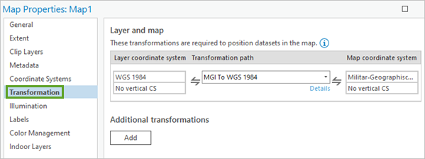 Informationen zur Transformation von Koordinatensystemen für "Map1"