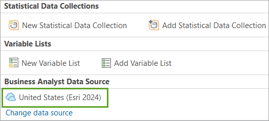 "Business Analyst als Datenquelle" festgelegt auf "United States (Esri 2024)"