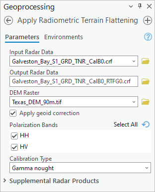 Parameter des Werkzeugs "Radiometric Terrain Flattening anwenden"