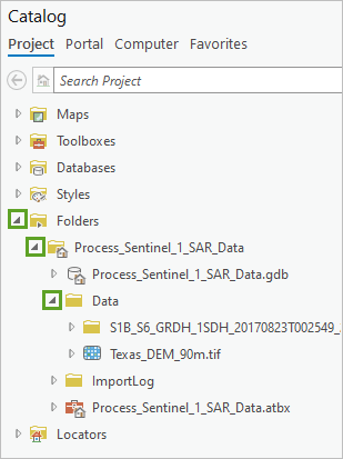 Die Ordner "Folders", "Process_Sentinel_1_SAR_Data" und "Data" sind eingeblendet.