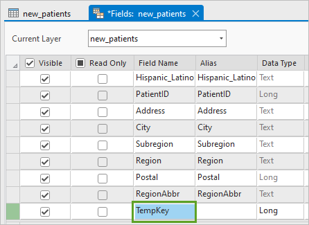 Fügen Sie das Feld "TempKey" hinzu.