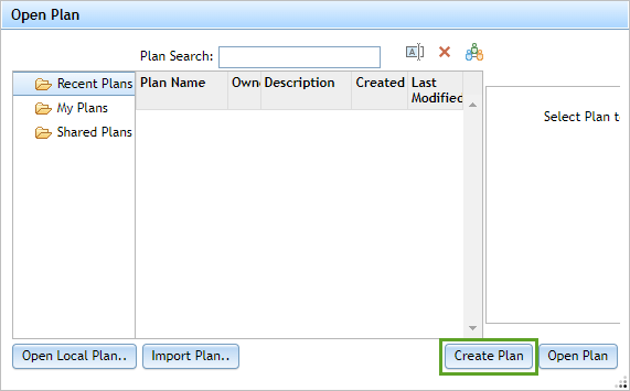 Schaltfläche "Create Plan" im Fenster "Open Plan"