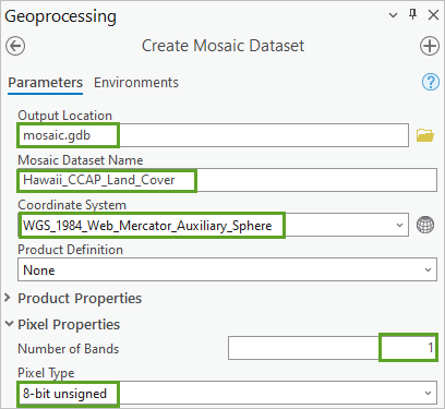 Parameter unter "Mosaik-Dataset erstellen"