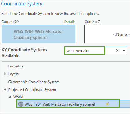 Web Mercator-Koordinatensystem auswählen