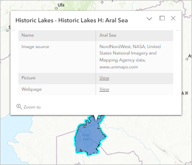 Pop-up für das Feature "Aral Sea" ohne Bild