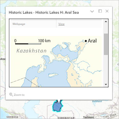 Pop-up für das Feature "Aral Sea" mit Bild