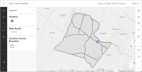 Webkarte zur Standortbestimmung für ein neues Krankenhaus in Loudoun County, Virginia, angezeigt in Map Viewer