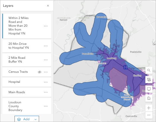 Zu Karte hinzugefügter Layer "Within 2 Miles Road and More than 20 Min from Hospital"