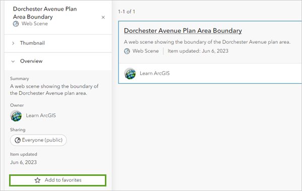 "Zu Favoriten hinzufügen" im Bereich "Details" für die Webszene "Dorchester Avenue Plan Area Boundary"