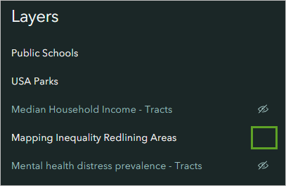 Der im Bereich "Layer" aktivierte Layer "Mapping Inequality Redlining Areas"