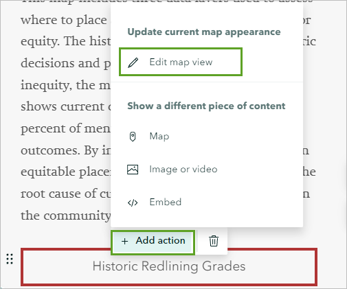 "Kartenansicht bearbeiten" im Menü "Aktion hinzufügen" für die Kartenaktions-Schaltfläche "Historic Redlining Grades"