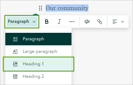 Text-Style "Überschrift 1" für den Text "Our community"