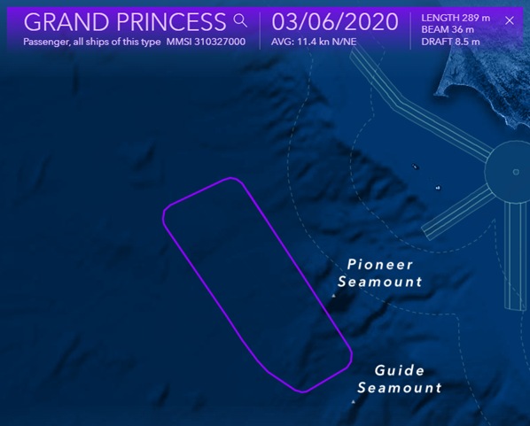 Kreuzfahrtschiff Grand Princess zu Beginn der COVID-19-Pandemie auf dem offenen Meer