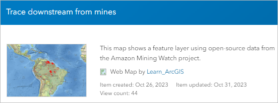 Seite mit der Elementbeschreibung für die Karte "Trace downstream from mines"