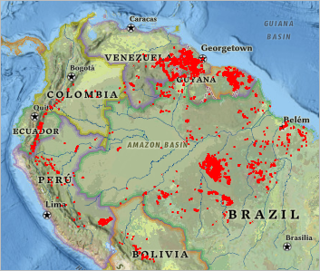 Eine Übersichtskarte der Bergbaustandorte im Amazonasbecken