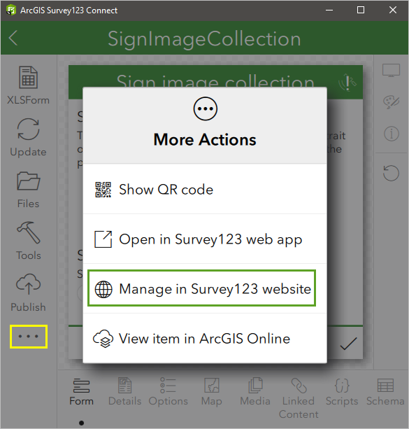 Option "Auf Survey123-Website verwalten"