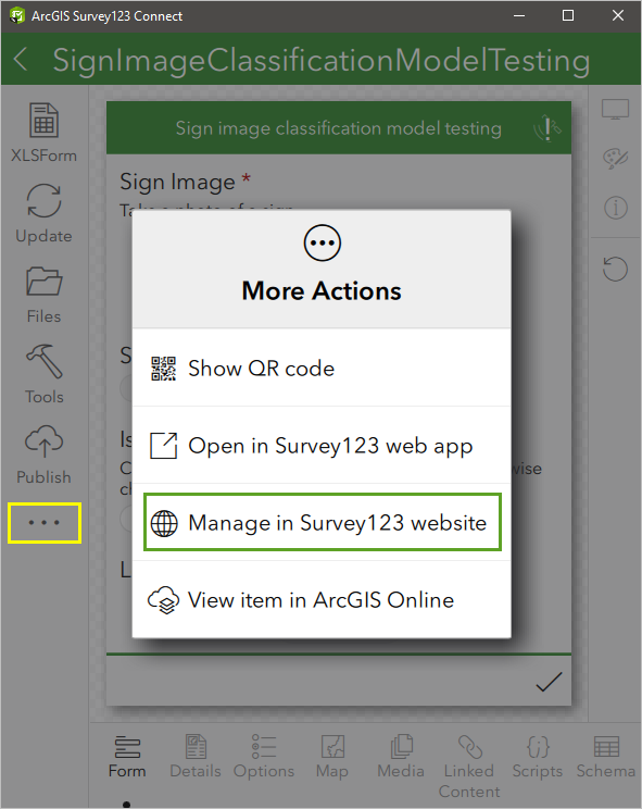 Option "Auf Survey123-Website verwalten"