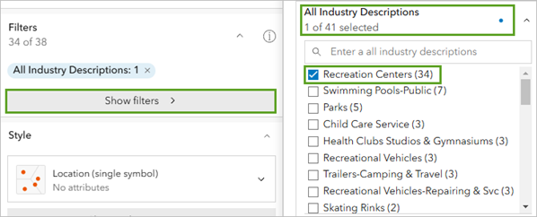 "Recreation Centers" im Abschnitt "Branchenbeschreibung" für "Filter anzeigen"