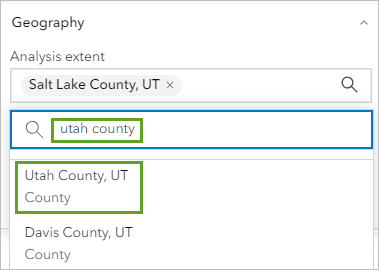 "Utah County, UT" in den Suchergebnissen für "Analyseausdehnung" unter "Geographie" im Bereich "Farbkodierte Karte"