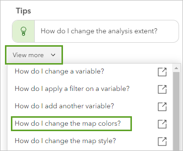 "Wie ändere ich die Farben der Karte" im Menü "Mehr anzeigen" im Abschnitt "Tipps" des Bereichs "Assistent (Beta)"