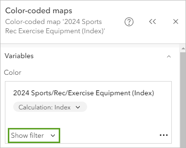 "Filter anzeigen" für die Variable "2024 Sports/Rec/Exercise Equipment (Index)" im Bereich "Farbcodierte Karten"