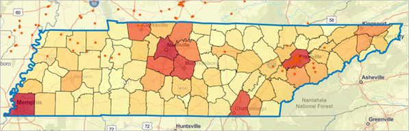 Auf der Karte dargestellte prognostizierte Bevölkerung für Tennessee