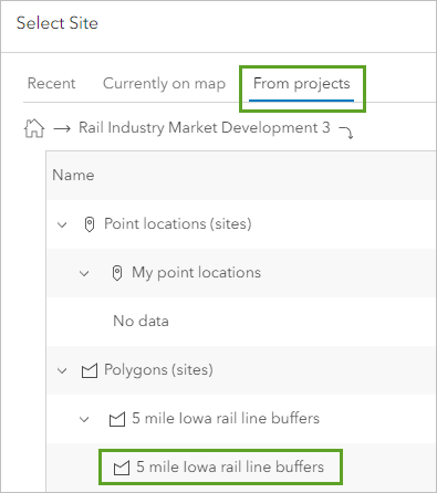 "Feature 1" unter "5 mile buffer site" auf der Registerkarte "Aus Projekten"