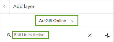 "ArcGIS Online" im Bereich "Layer hinzufügen" und "Rail Lines Active" in der Suchleiste