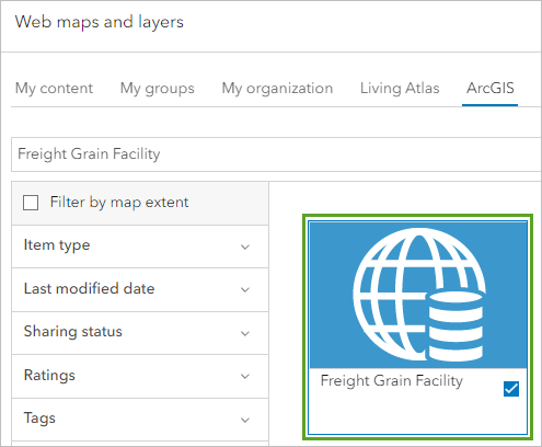 Layer "Freight Grain Facility" im Fenster "Webkarten und -Layer"