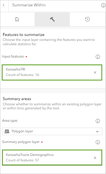 Für "Eingabe-Features" wurde "KanawhaTRI" und für "Zusammenfassungspolygon-Layer" wurde "KanawhaTracts Demographics" festgelegt.