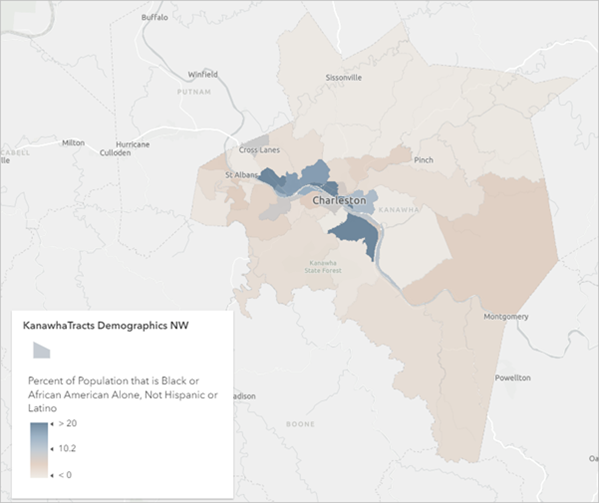 Karte mit dem Style "Vorherrschende Kategorie" für die Schwarze und Weiße Bevölkerung in Kanawha County, West Virginia