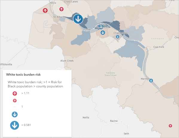 Karte mit dem Verhältnis des Risikos der Schadstoffbelastung für die weiße Bevölkerung im Vergleich zur Gesamtbevölkerung.