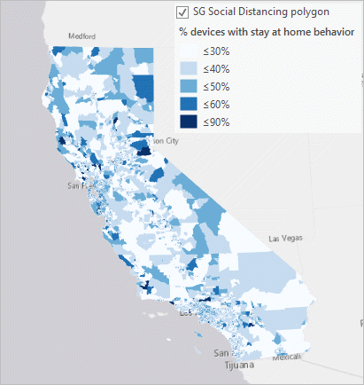 Karte des Verhaltens von daheim bleibenden Personen für Kalifornien von SafeGraph