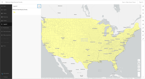 In Map Viewer geöffnete Karte "Medicare Spending by County"