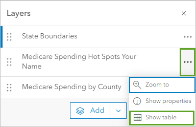 "Tabelle anzeigen" im Menü "Optionen" im Layer "Medicare Spending Hot Spots" im Bereich "Layer"