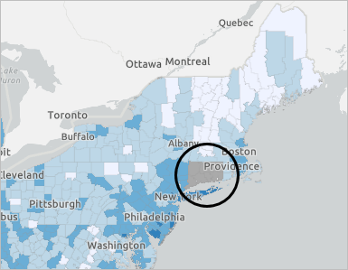 Ohne Wert im Layer-Dataset grau dargestellte Countys in Connecticut