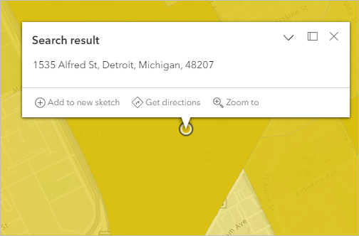 Search result pop-up for the address searched