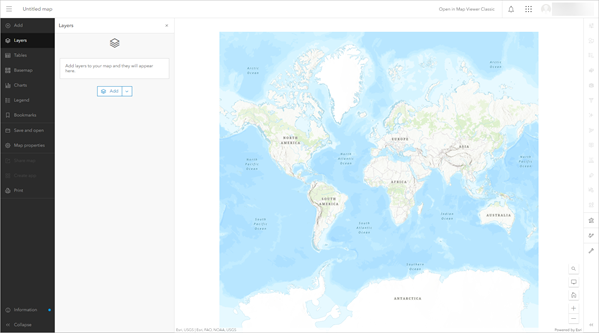 Map Viewer open with a new map and Layers pane open