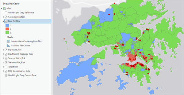 Map of Hong Kong with clusters of blue, red, and green