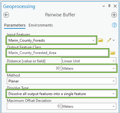 Parameters for the Buffer tool