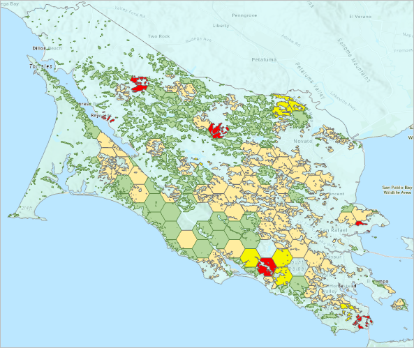 Marin County with hexagons symbolized