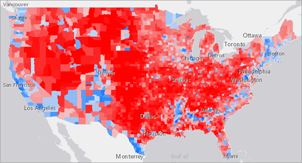 Map with counties styled by predominance