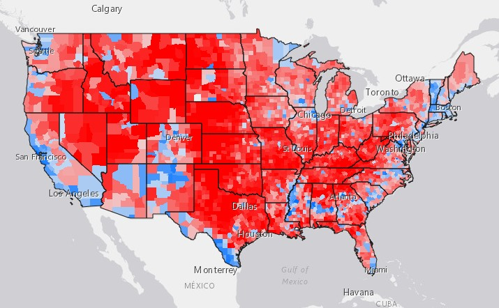 Predominant political party affiliation by counties in the continental United States