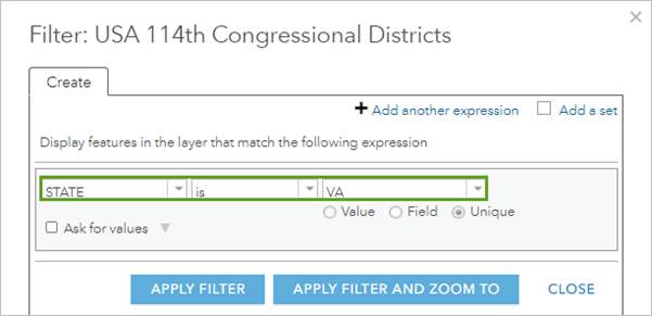 Filter for congressional districts in Virginia