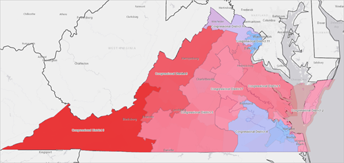 Red and blue congressional districts in Virginia