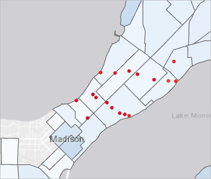 Temperature points and block groups visible in the center of the city.