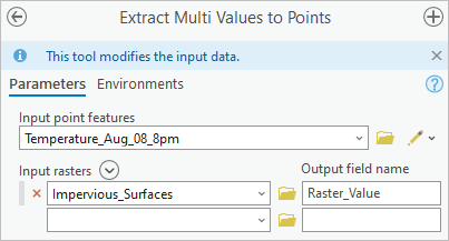 Provide the parameters for the Extract Values to Points tool.