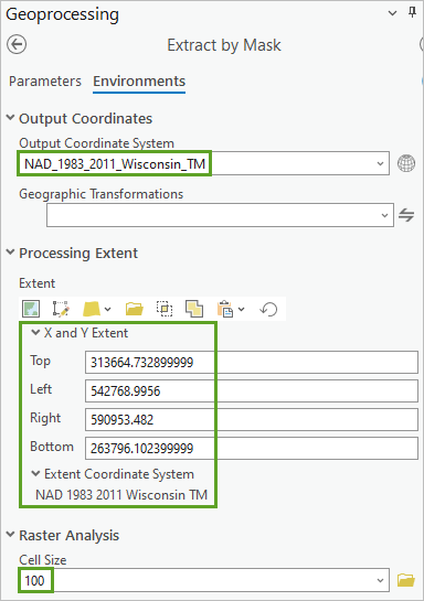 Provide environments settings for the Extract by Mask tool.