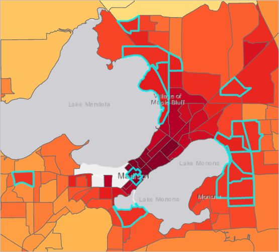 Block groups with the highest temperature and density of residents over 65 years old